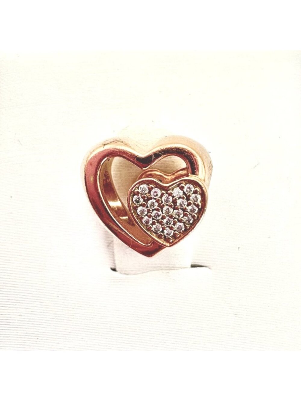 Pandora ALE Double Heart Pave Crystal Rose Tone Slide Charm Size 11mm